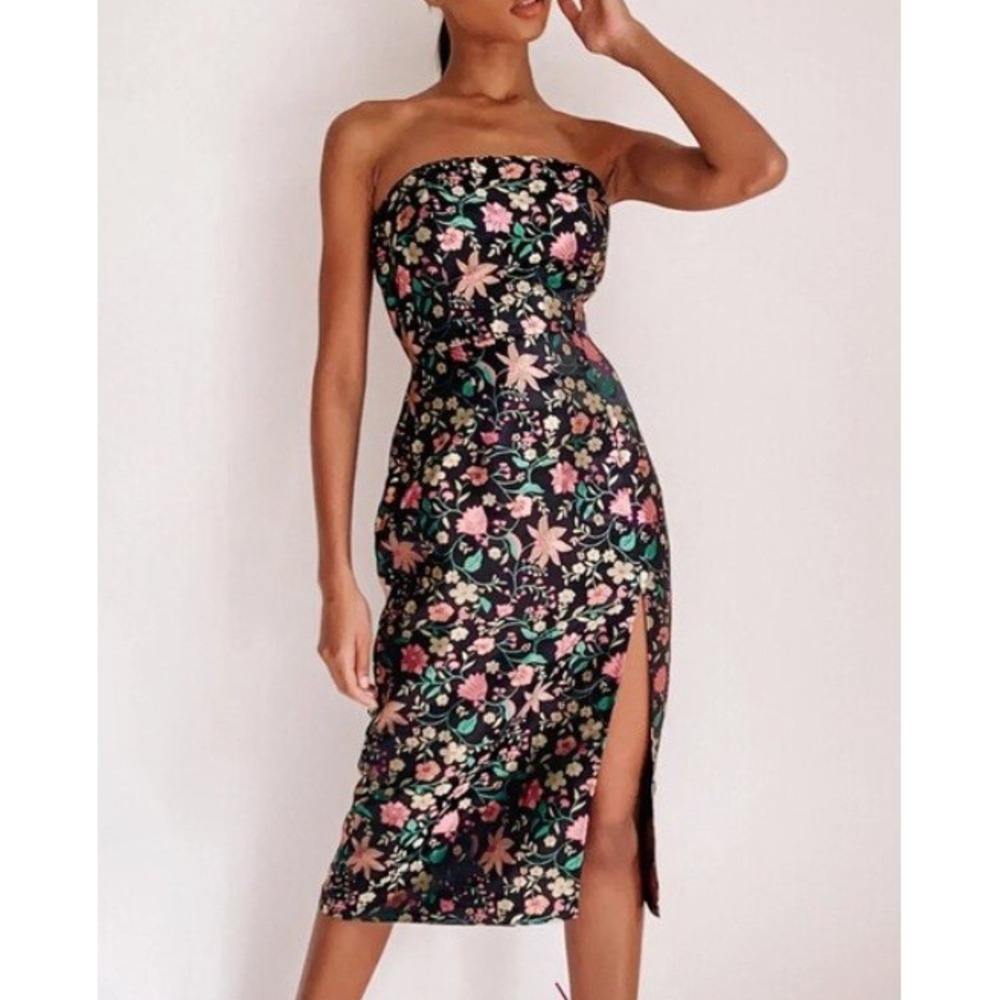 Lulus Make a Move Satin Strapless Floral Embroidered Midi Dress Large Fairy